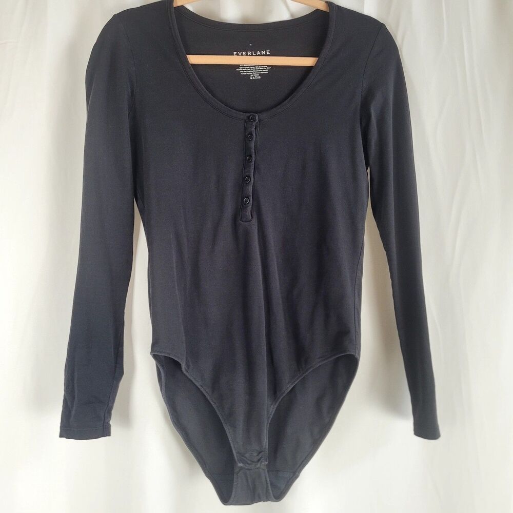 Everlane Bodysuit Womens Size Medium Pima Cotton Long Sleeve Henley Black